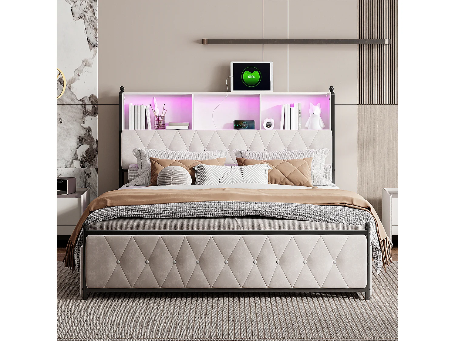 Cadre De Lit 180X200cm Avec 4 Tiroirs De Rangement,Éclairage LED, Espace De Stockage Intégré, Meuble De Chambre Moderne,Velours Beige