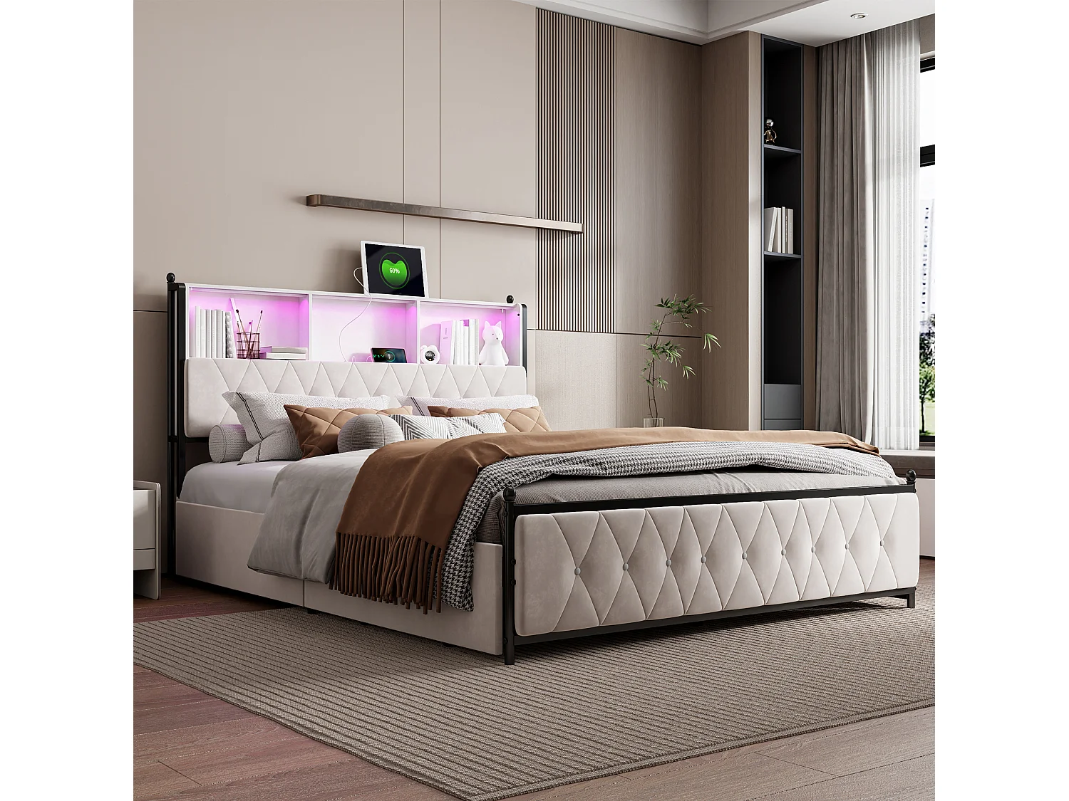 Cadre De Lit 180X200cm Avec 4 Tiroirs De Rangement,Éclairage LED, Espace De Stockage Intégré, Meuble De Chambre Moderne,Velours Beige