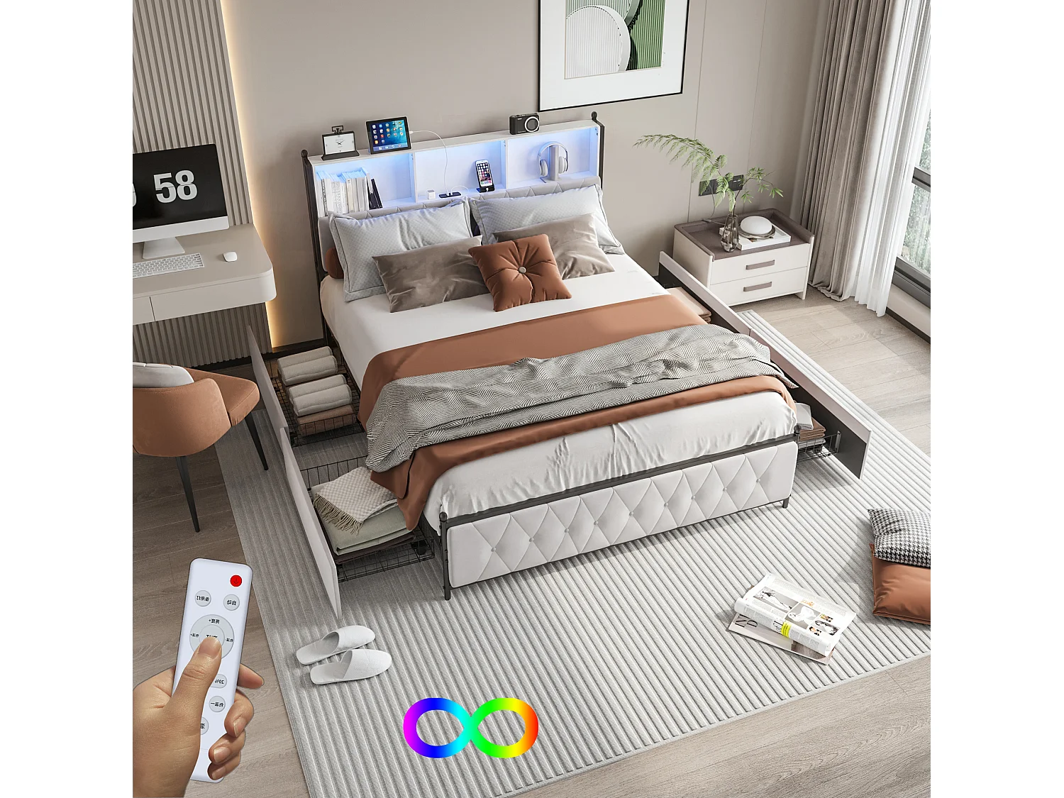 Cadre De Lit 180X200cm Avec 4 Tiroirs De Rangement,Éclairage LED, Espace De Stockage Intégré, Meuble De Chambre Moderne,Velours Beige