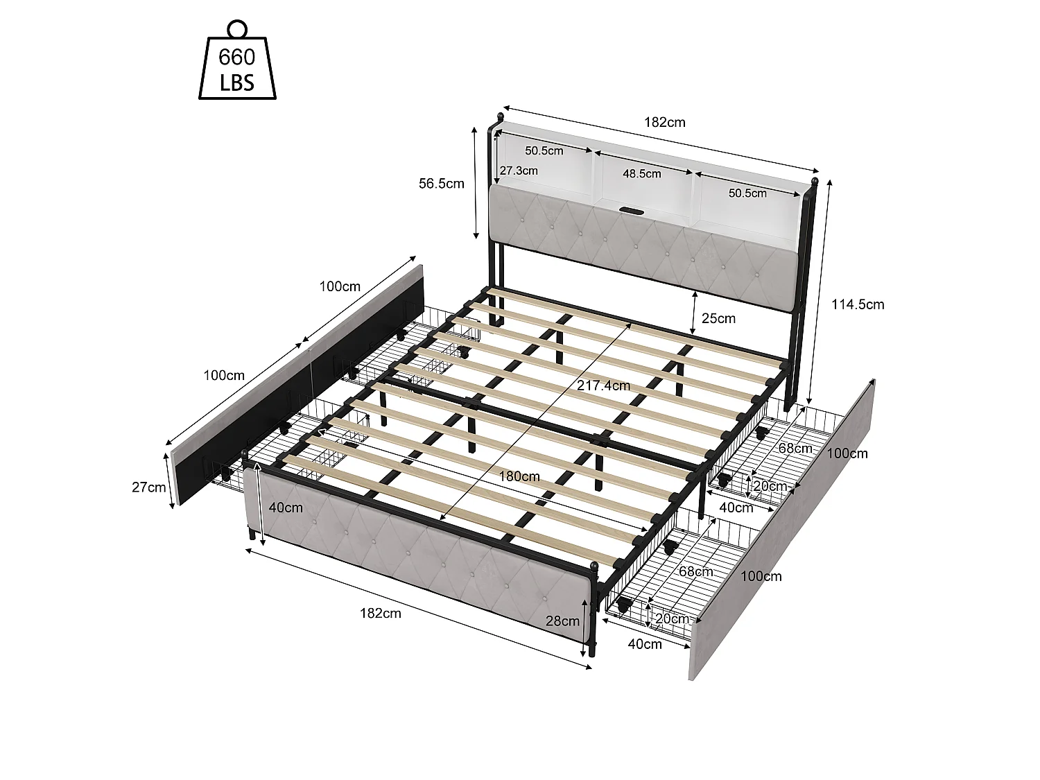 Cadre De Lit 180X200cm Avec 4 Tiroirs De Rangement,Éclairage LED, Espace De Stockage Intégré, Meuble De Chambre Moderne,Velours Beige