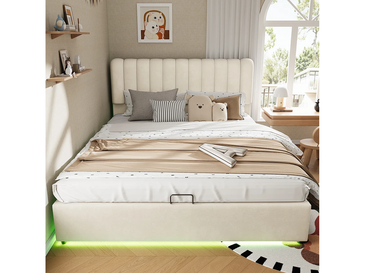Storage bed 120 x 200  cm – LED lighting, shelves and sockets, reversible left/right opening – Pine + MDF – White (Mattress not included)
