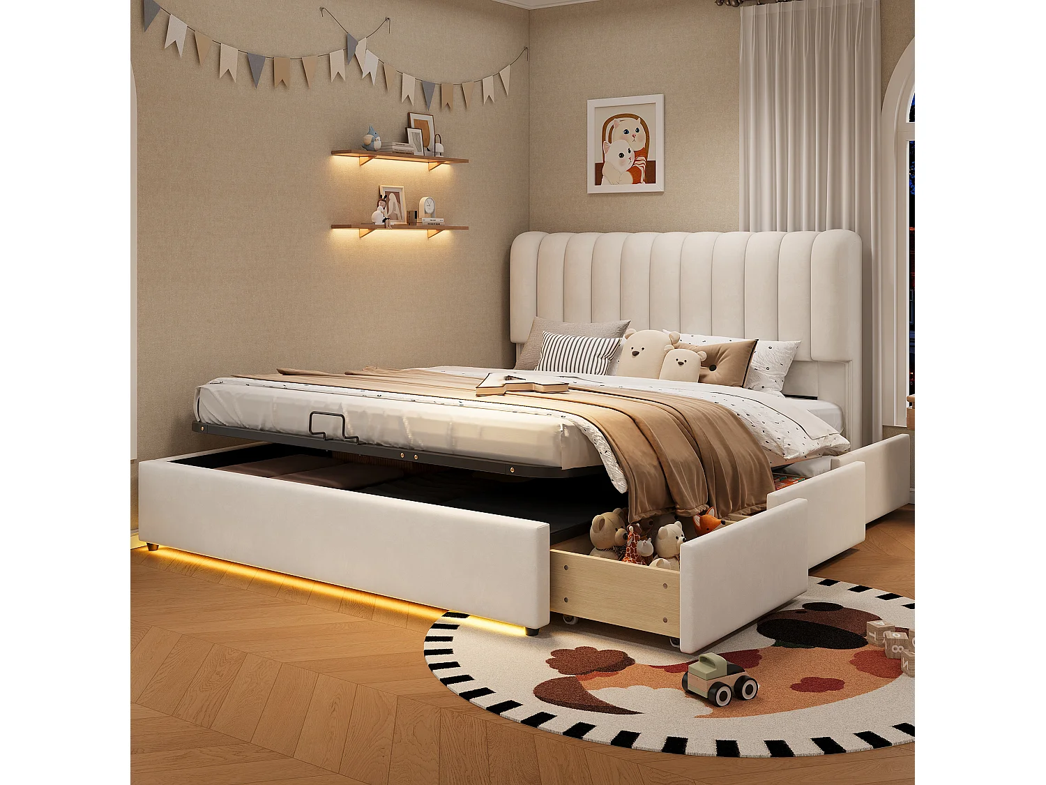 Storage bed 120 x 200  cm – LED lighting, shelves and sockets, reversible left/right opening – Pine + MDF – White (Mattress not included)