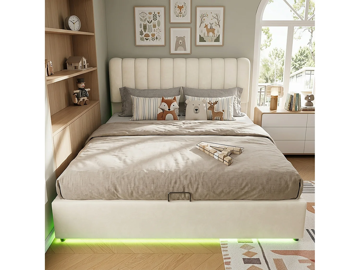Storage bed 120 x 200  cm – LED lighting, shelves and sockets, reversible left/right opening – Pine + MDF – White (Mattress not included)