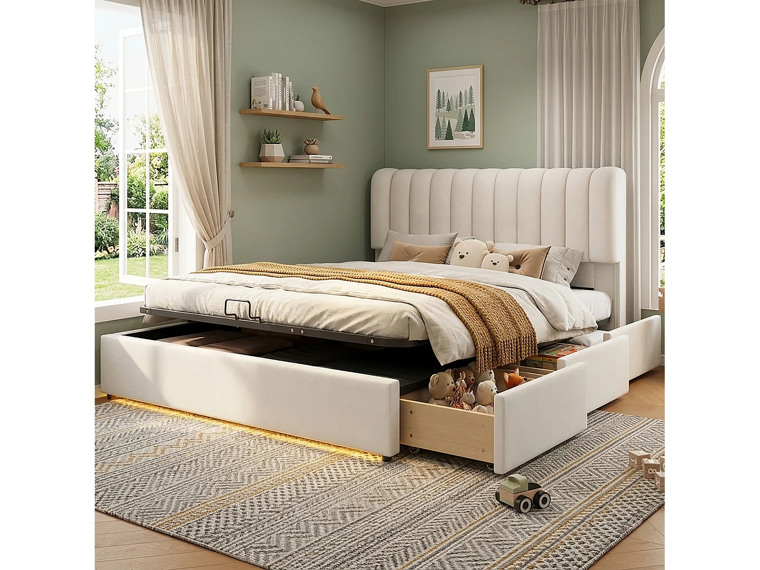 Storage bed 120 x 200  cm – LED lighting, shelves and sockets, reversible left/right opening – Pine + MDF – White (Mattress not included)