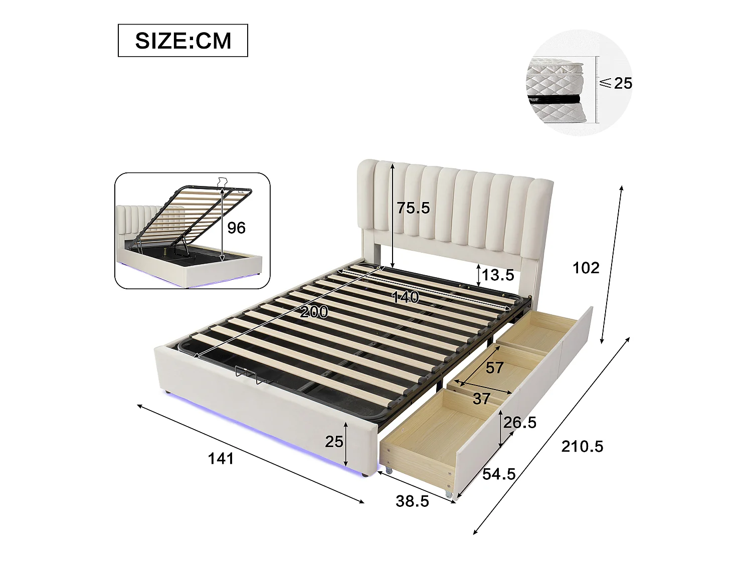 Storage bed 120 x 200  cm – LED lighting, shelves and sockets, reversible left/right opening – Pine + MDF – White (Mattress not included)