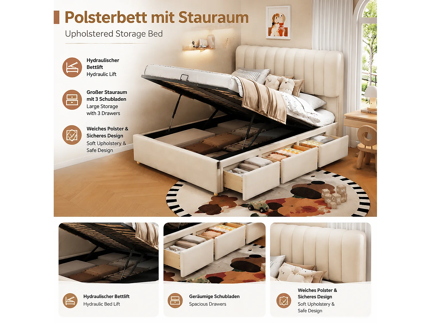 Storage bed 120 x 200  cm – LED lighting, shelves and sockets, reversible left/right opening – Pine + MDF – White (Mattress not included)