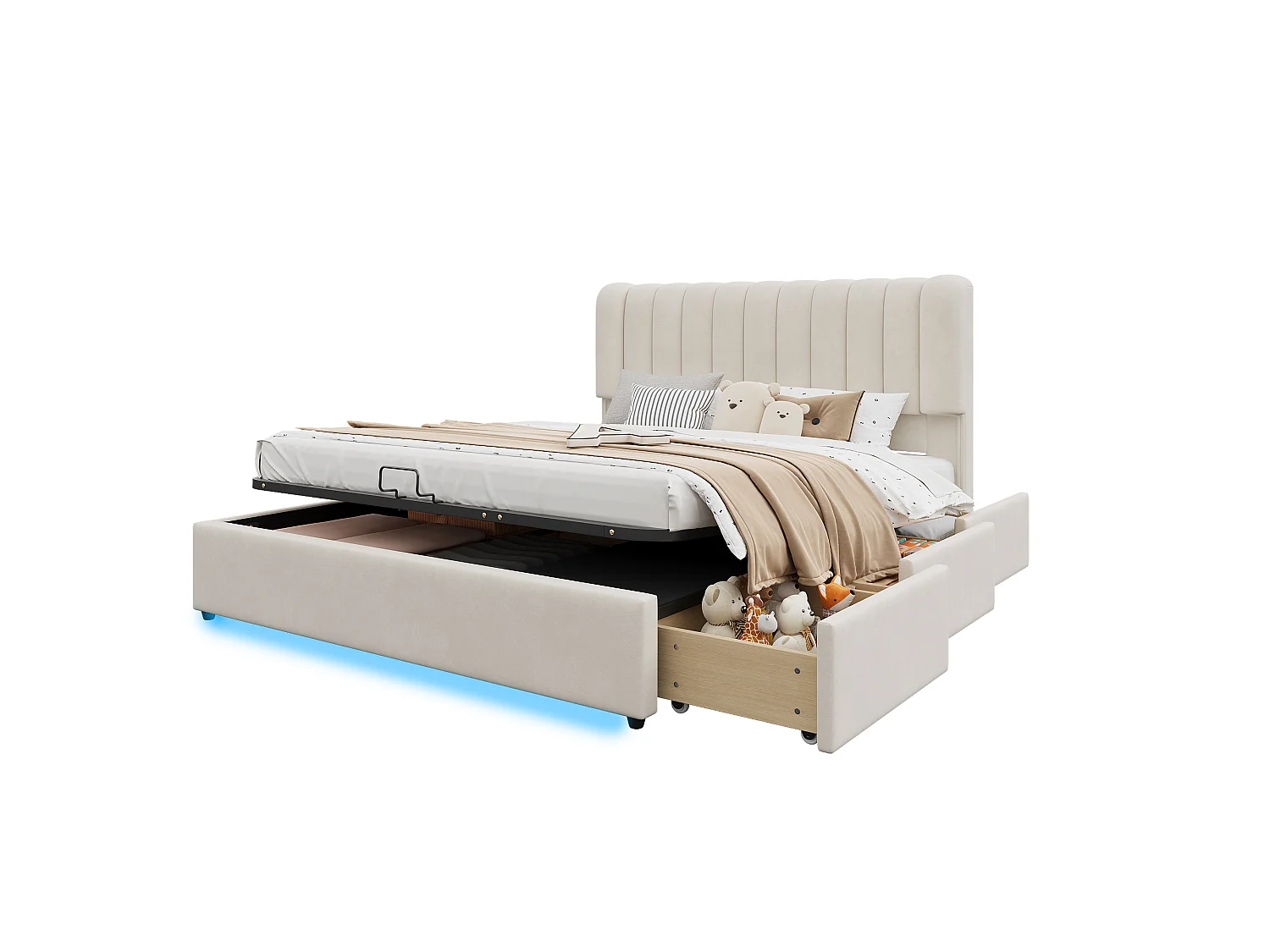 Storage bed 120 x 200  cm – LED lighting, shelves and sockets, reversible left/right opening – Pine + MDF – White (Mattress not included)