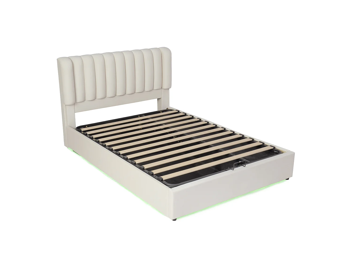 Storage bed 120 x 200  cm – LED lighting, shelves and sockets, reversible left/right opening – Pine + MDF – White (Mattress not included)
