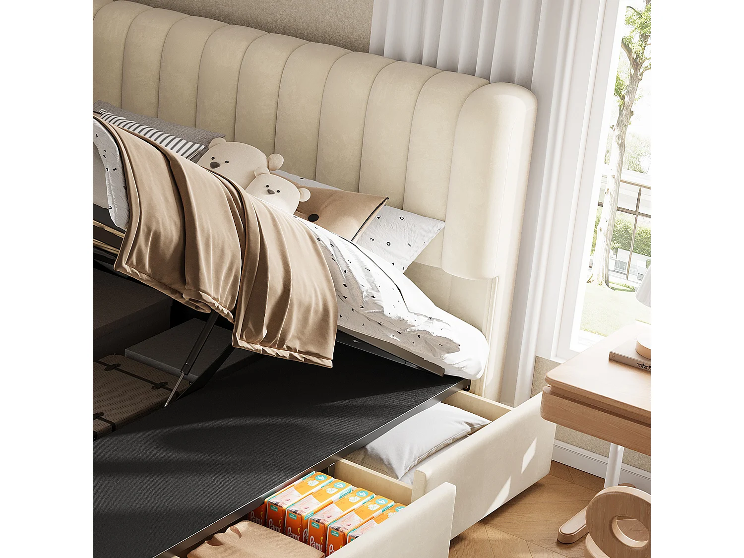 Storage bed 120 x 200  cm – LED lighting, shelves and sockets, reversible left/right opening – Pine + MDF – White (Mattress not included)