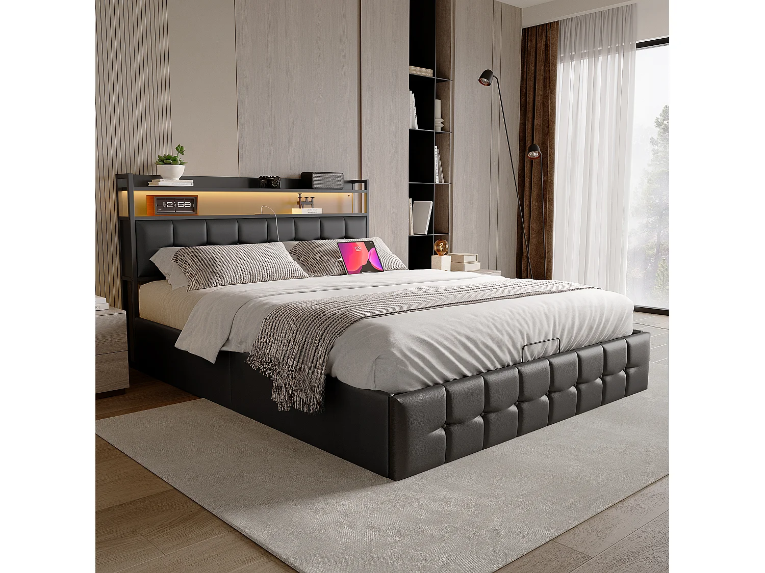 Lit Coffre 160X200cm En PU Noir Capitonnée, Tête De Lit Avec Rangement,Éclairage LED RGB,Ports De Charge,Système Hydraulique Pour Chambre À Coucher
