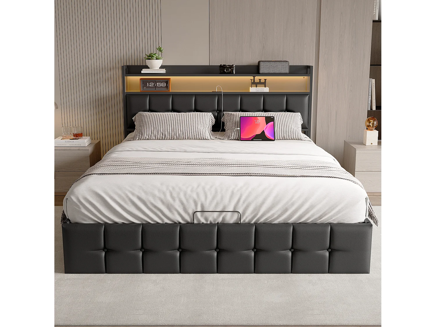 Lit Coffre 160X200cm En PU Noir Capitonnée, Tête De Lit Avec Rangement,Éclairage LED RGB,Ports De Charge,Système Hydraulique Pour Chambre À Coucher