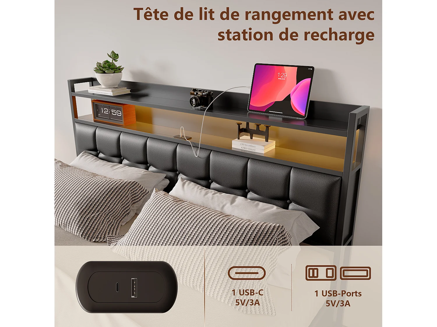 Lit Coffre 160X200cm En PU Noir Capitonnée, Tête De Lit Avec Rangement,Éclairage LED RGB,Ports De Charge,Système Hydraulique Pour Chambre À Coucher