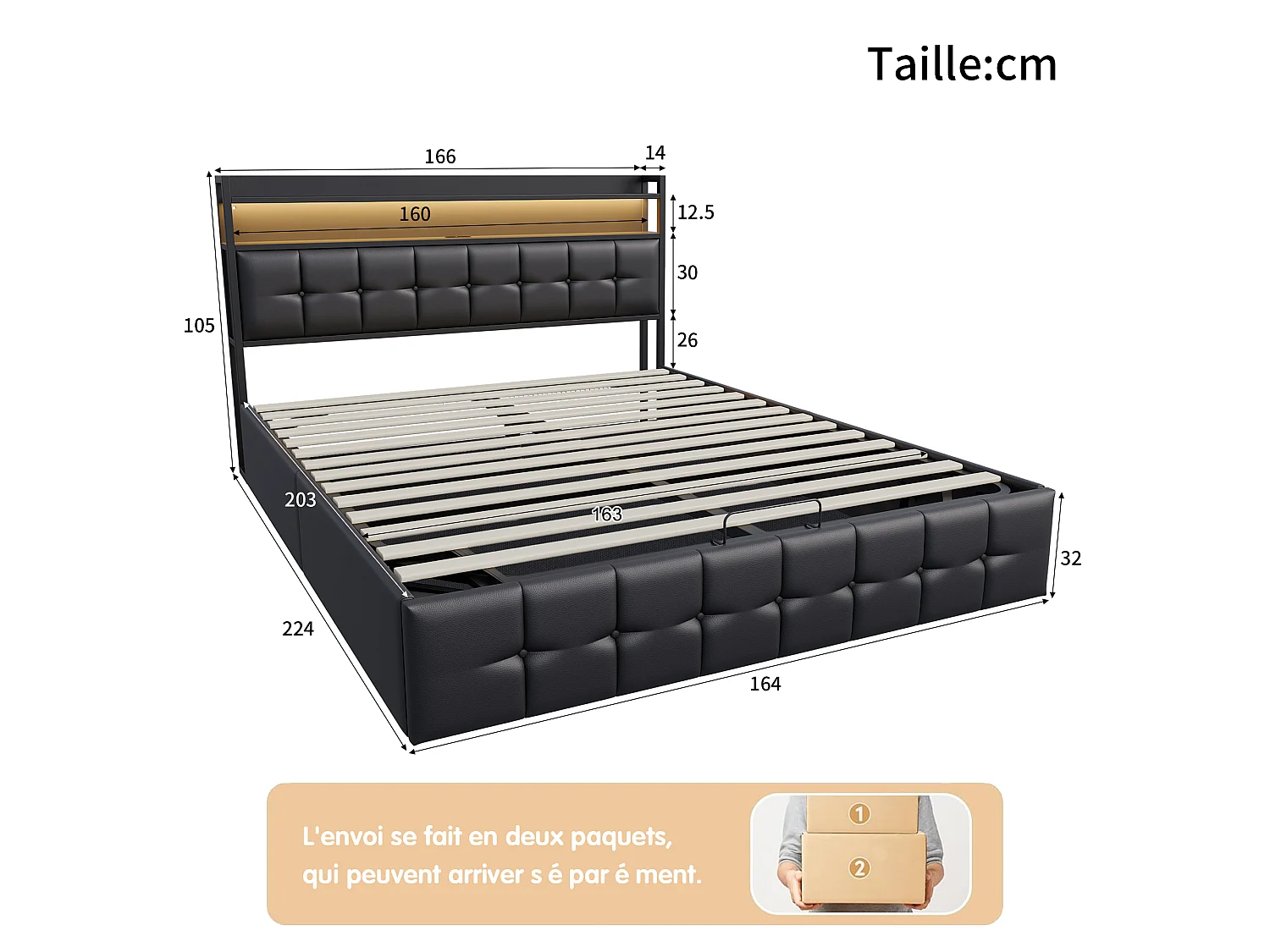 Lit Coffre 160X200cm En PU Noir Capitonnée, Tête De Lit Avec Rangement,Éclairage LED RGB,Ports De Charge,Système Hydraulique Pour Chambre À Coucher