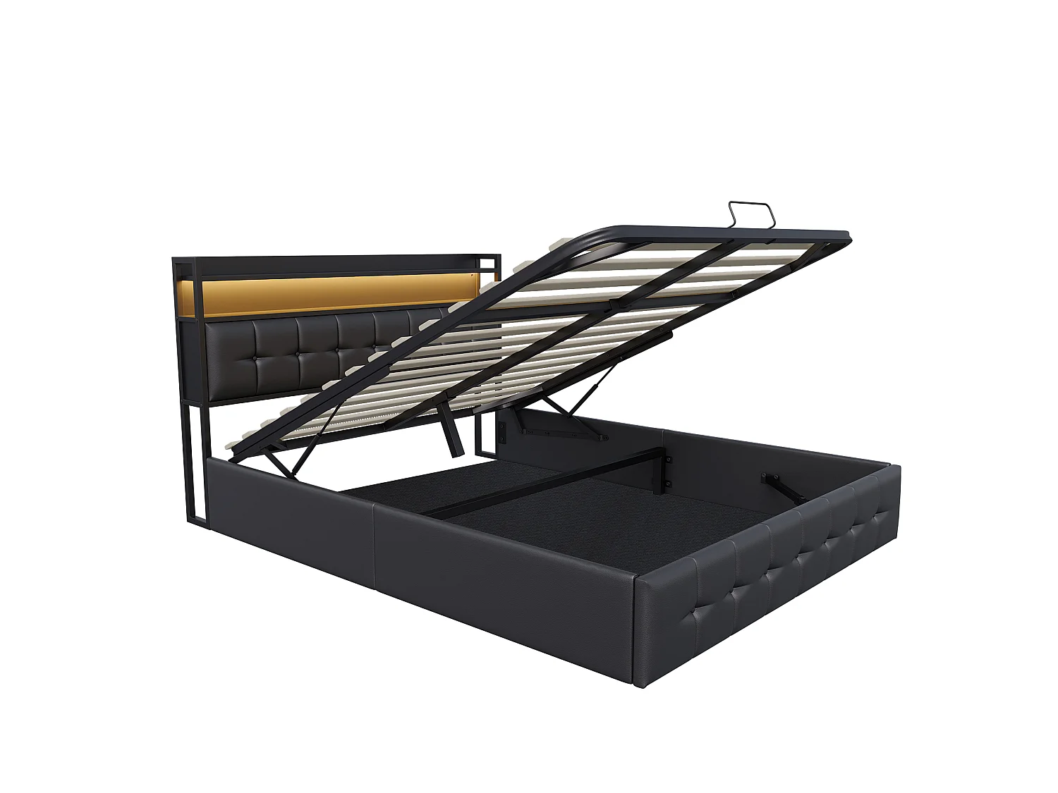Lit Coffre 160X200cm En PU Noir Capitonnée, Tête De Lit Avec Rangement,Éclairage LED RGB,Ports De Charge,Système Hydraulique Pour Chambre À Coucher