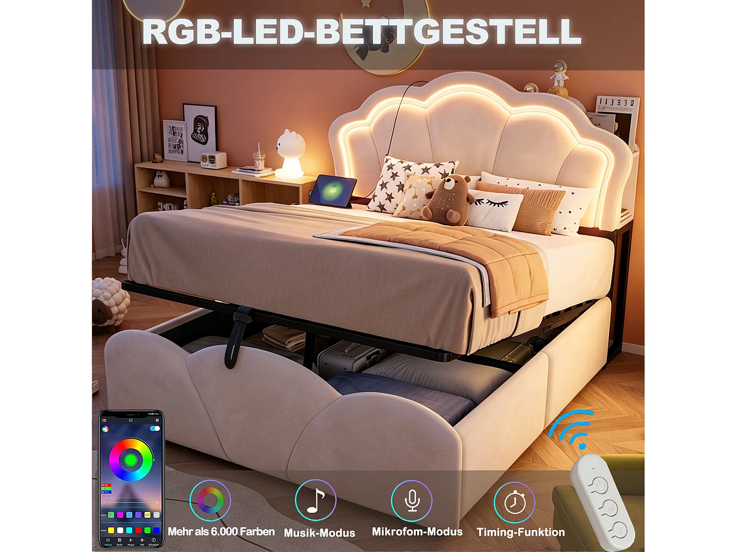 Lit coffre 140 x 200  cm avec rangement hydraulique, LED et niches de rangement - Velours + MDF - Beige (Sans matelas)
