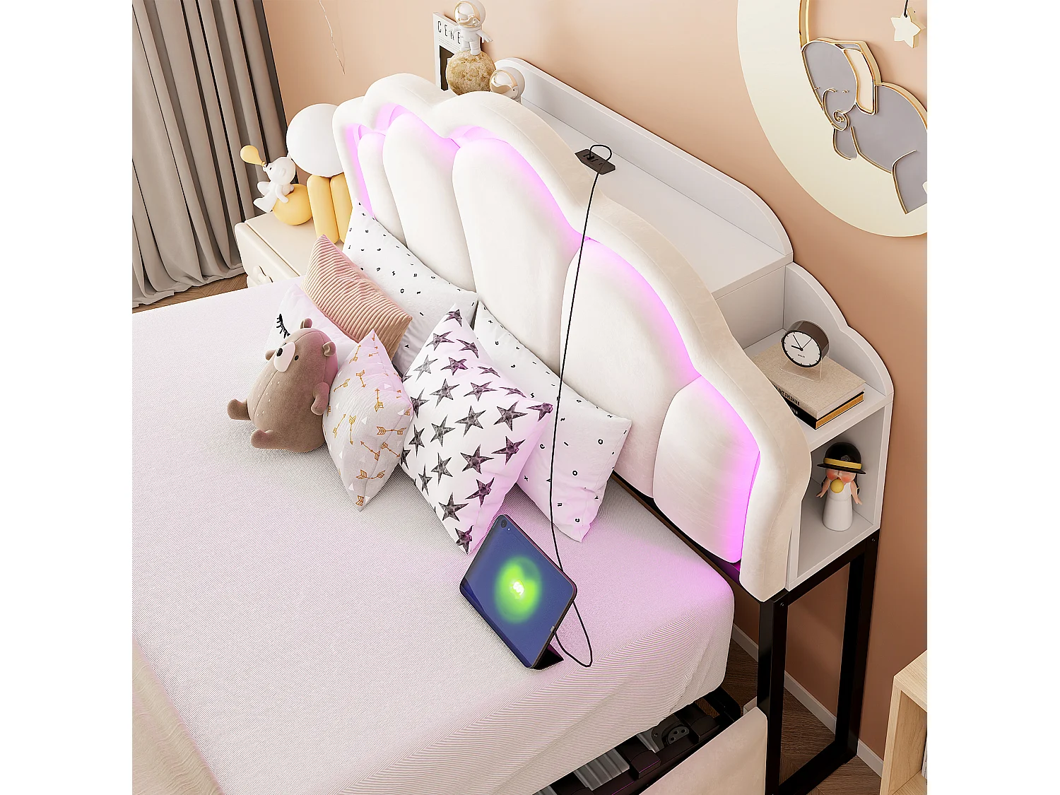 Lit coffre 140 x 200  cm avec rangement hydraulique, LED et niches de rangement - Velours + MDF - Beige (Sans matelas)