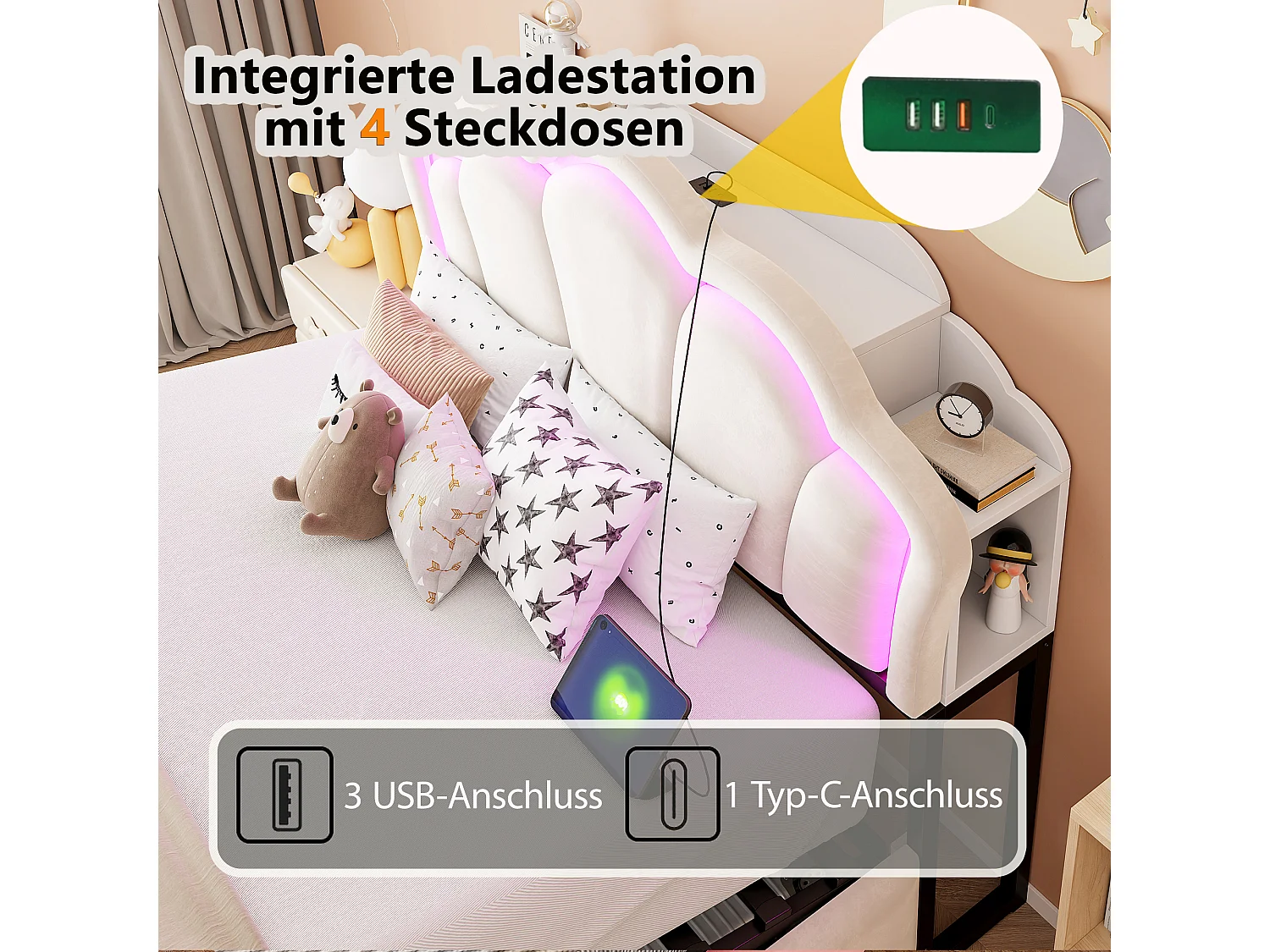 Lit coffre 140 x 200  cm avec rangement hydraulique, LED et niches de rangement - Velours + MDF - Beige (Sans matelas)
