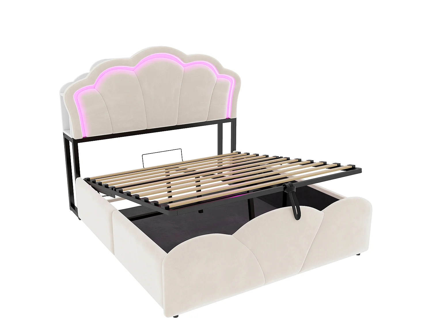 Lit coffre 140 x 200  cm avec rangement hydraulique, LED et niches de rangement - Velours + MDF - Beige (Sans matelas)