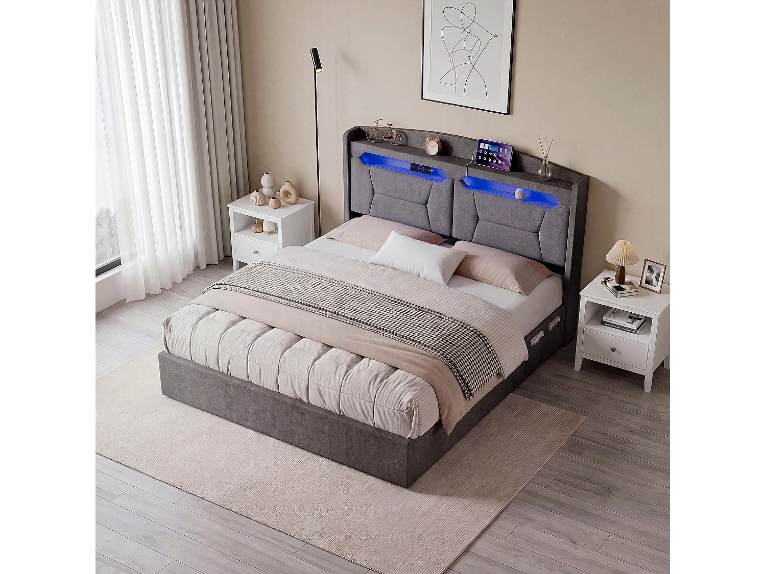 Lit coffre 140x200cm - avec tête de lit LED - avec prise intégrée - avec compartiments de rangement - tissu en lin - Beige (matelas non inclus)