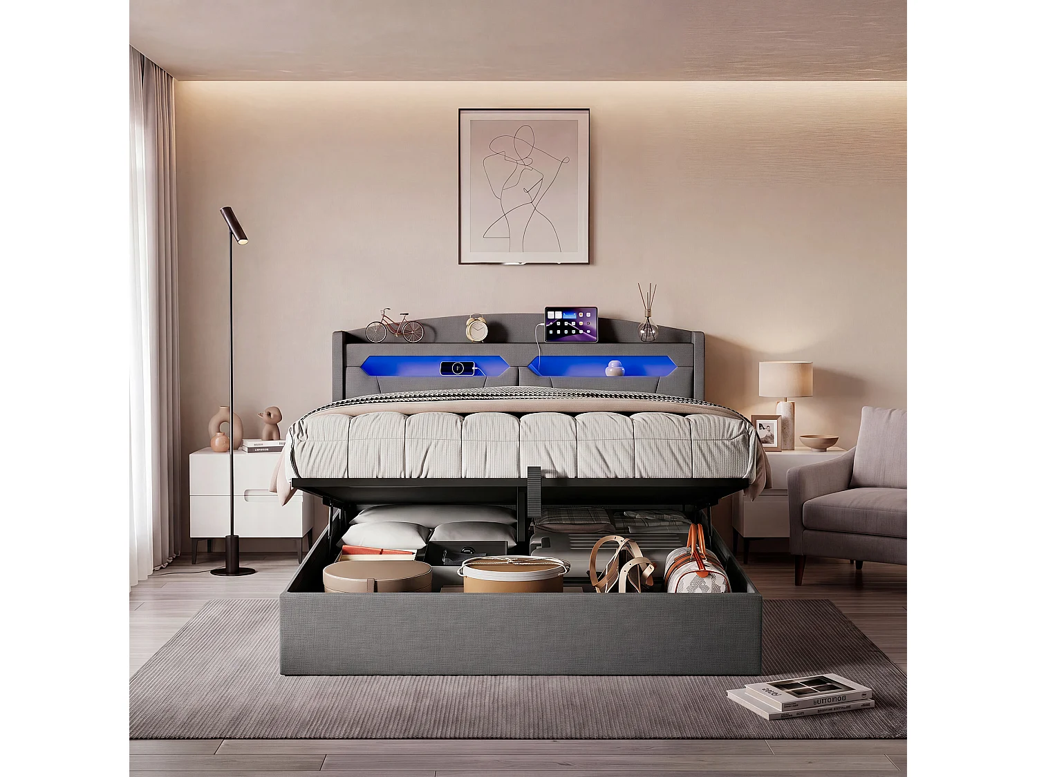Lit coffre 140x200cm - avec tête de lit LED - avec prise intégrée - avec compartiments de rangement - tissu en lin - Beige (matelas non inclus)