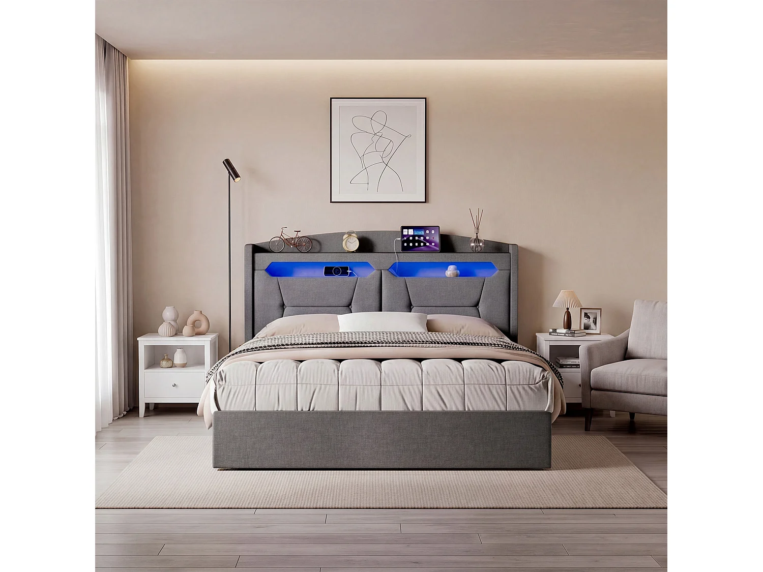 Lit coffre 140x200cm - avec tête de lit LED - avec prise intégrée - avec compartiments de rangement - tissu en lin - Beige (matelas non inclus)