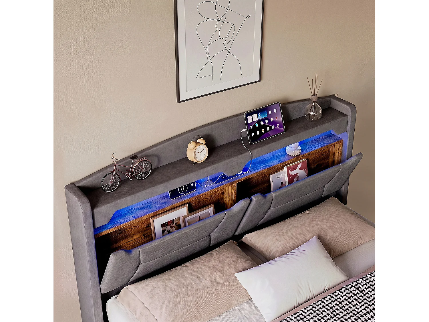 Lit coffre 140x200cm - avec tête de lit LED - avec prise intégrée - avec compartiments de rangement - tissu en lin - Beige (matelas non inclus)