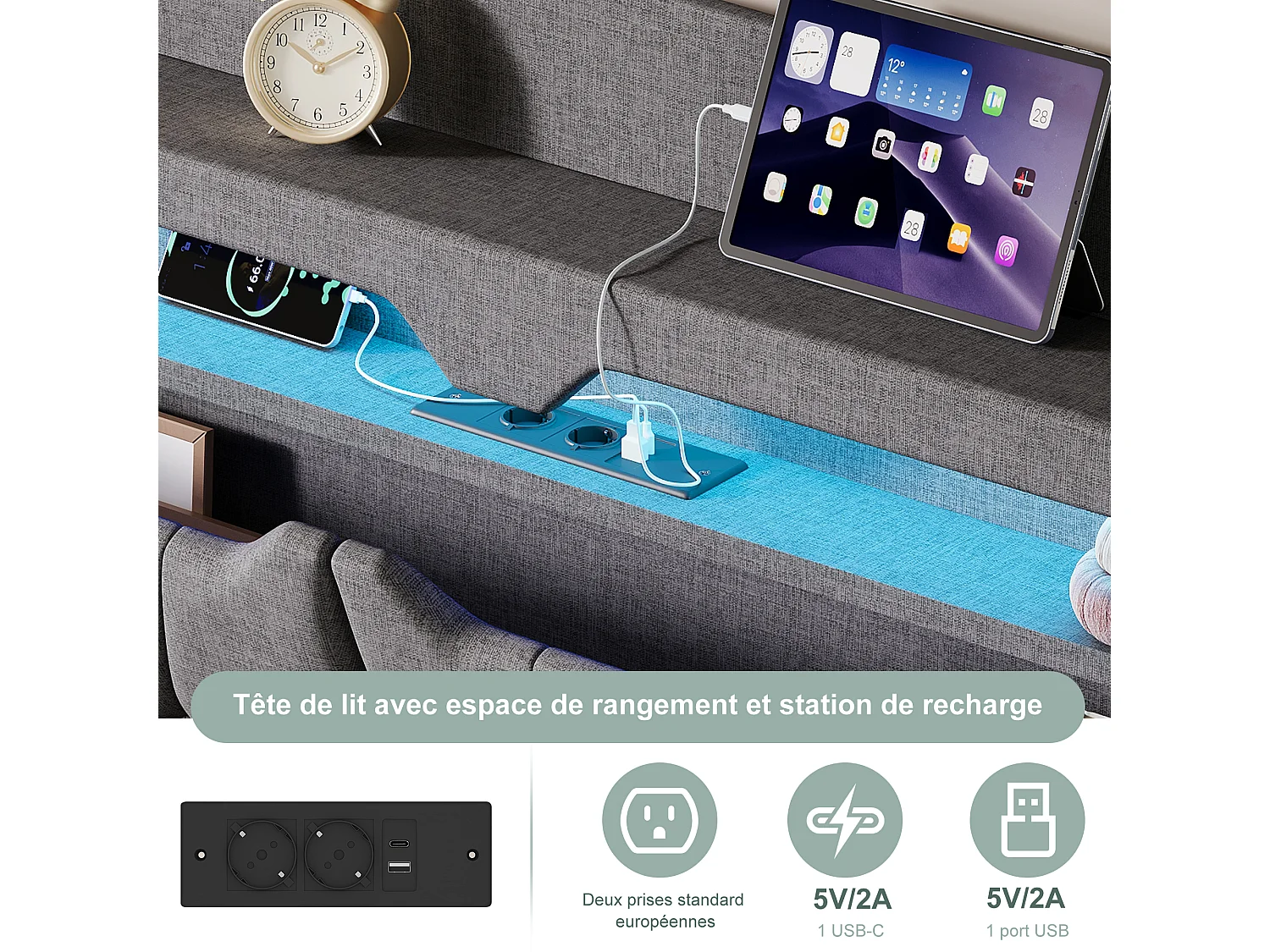Lit coffre 140x200cm - avec tête de lit LED - avec prise intégrée - avec compartiments de rangement - tissu en lin - Beige (matelas non inclus)