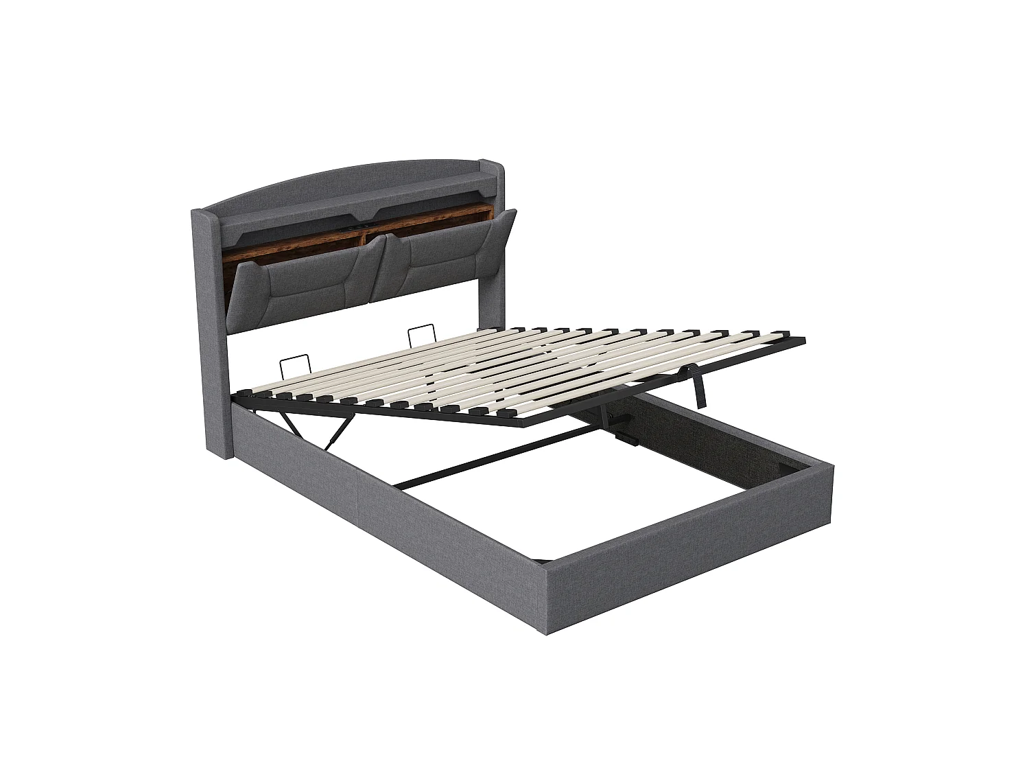 Lit coffre 140x200cm - avec tête de lit LED - avec prise intégrée - avec compartiments de rangement - tissu en lin - Beige (matelas non inclus)