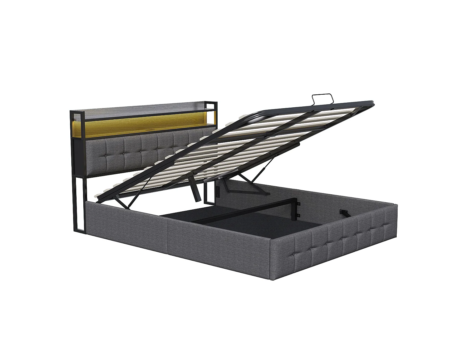 Lit Coffre 160X200cm En Tissu Gris Capitonnée,Tête De Lit Avec Rangement,Éclairage LED RGB,Prises USB‑C,Système Hydraulique Pour Chambre