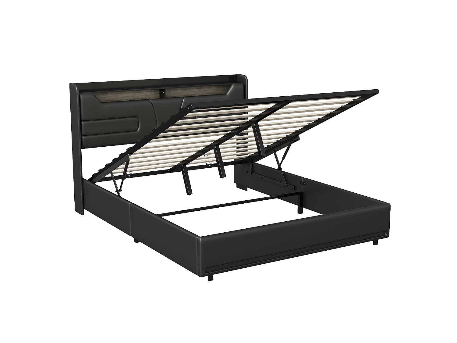 Lit Coffre 160X200cm,Tête De Lit Avec Rangement,Éclairage LED RGB, Prises Européennes Et USB, Système Hydraulique Pour Chambre,PU,Noir