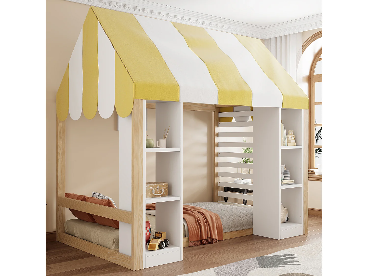 Lit cabane enfant 90 x 200 cm avec étagères ouverts et toit - Métal + MDF - Naturel + blanc (Sans matelas)