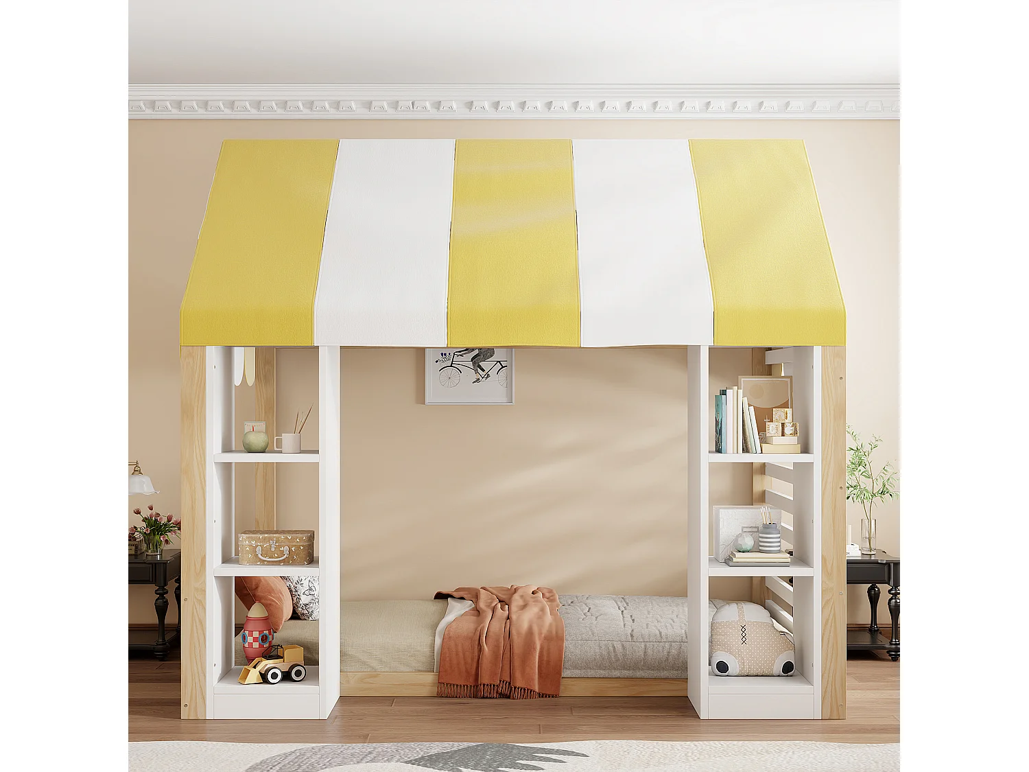 Lit cabane enfant 90 x 200 cm avec étagères ouverts et toit - Métal + MDF - Naturel + blanc (Sans matelas)