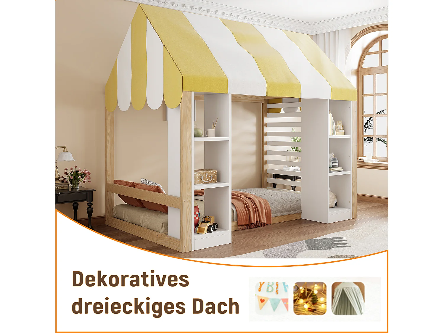 Lit cabane enfant 90 x 200 cm avec étagères ouverts et toit - Métal + MDF - Naturel + blanc (Sans matelas)