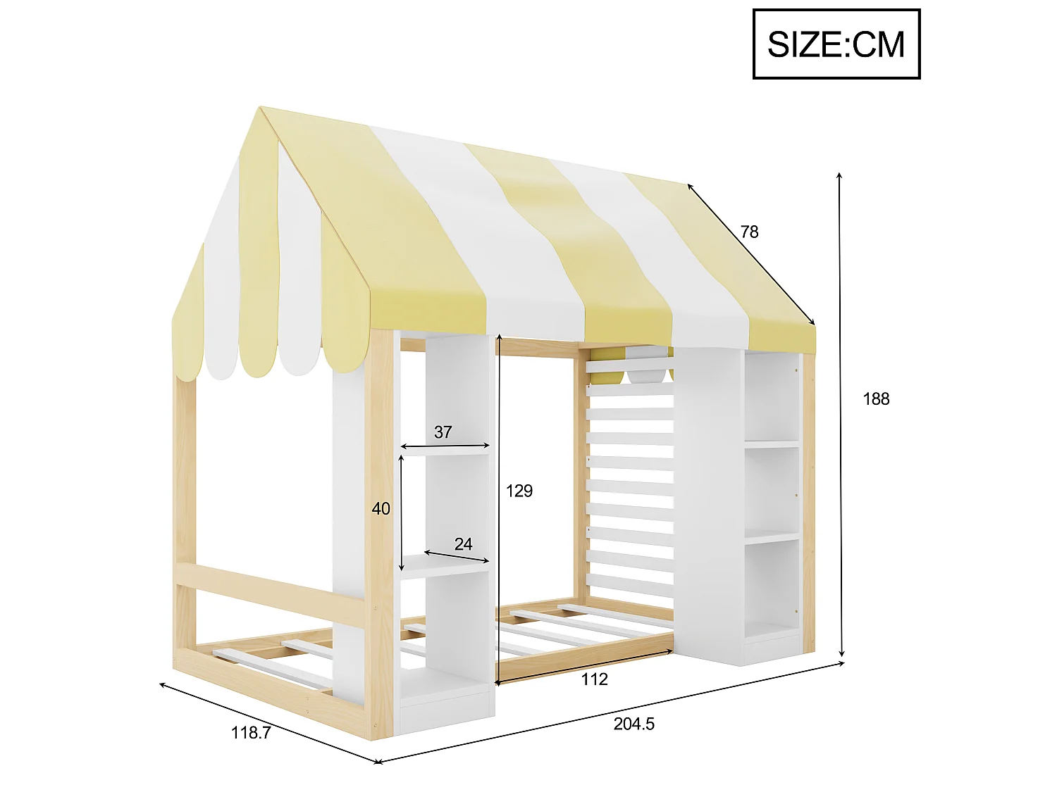 Lit cabane enfant 90 x 200 cm avec étagères ouverts et toit - Métal + MDF - Naturel + blanc (Sans matelas)