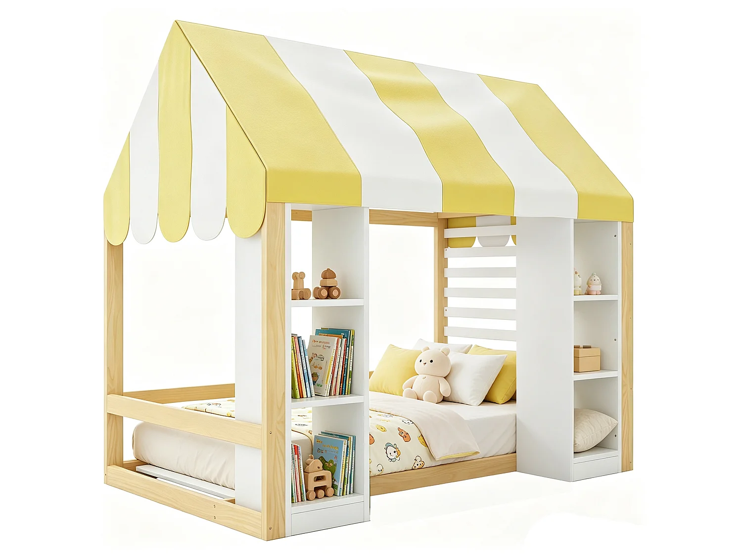 Lit cabane enfant 90 x 200 cm avec étagères ouverts et toit - Métal + MDF - Naturel + blanc (Sans matelas)