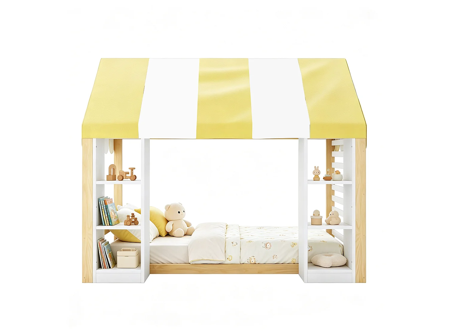 Lit cabane enfant 90 x 200 cm avec étagères ouverts et toit - Métal + MDF - Naturel + blanc (Sans matelas)