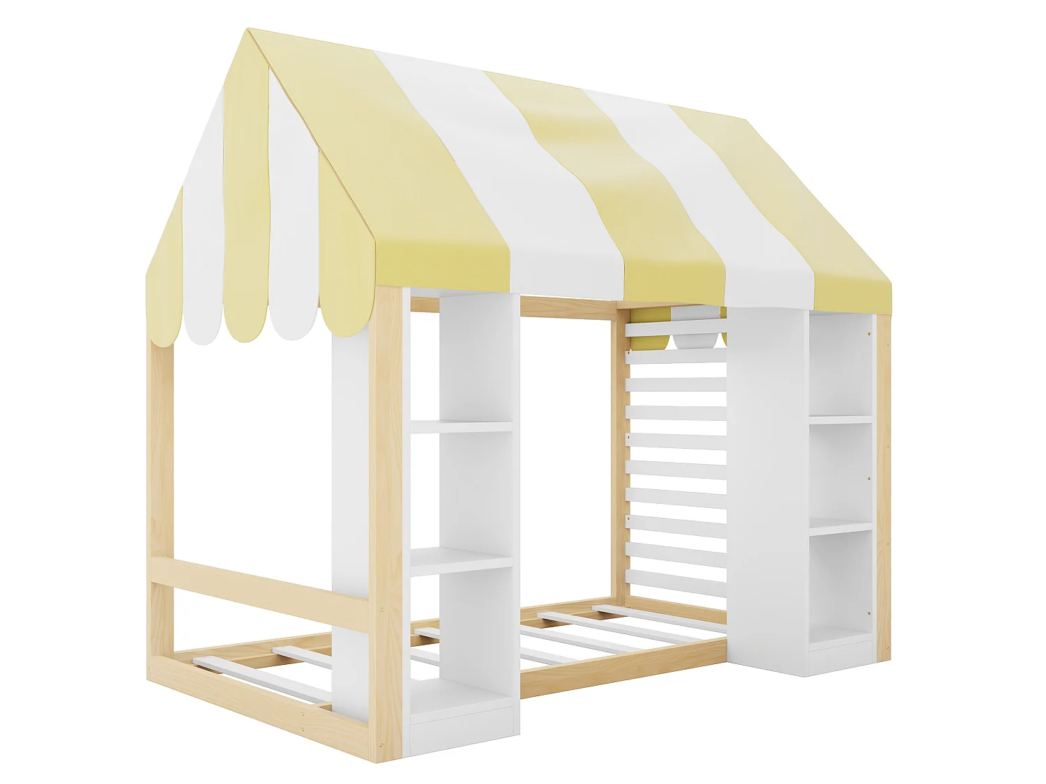 Lit cabane enfant 90 x 200 cm avec étagères ouverts et toit - Métal + MDF - Naturel + blanc (Sans matelas)