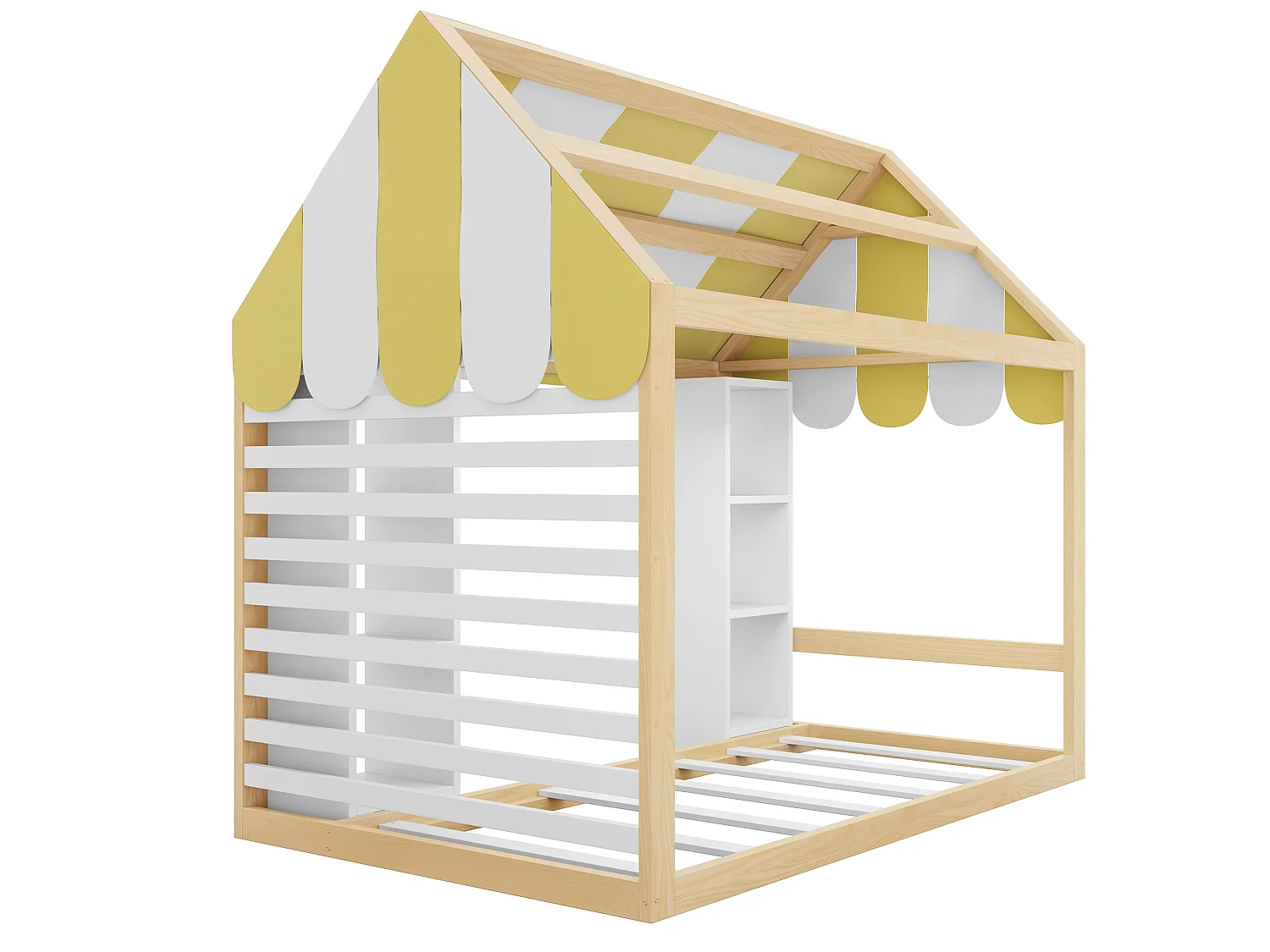 Lit cabane enfant 90 x 200 cm avec étagères ouverts et toit - Métal + MDF - Naturel + blanc (Sans matelas)