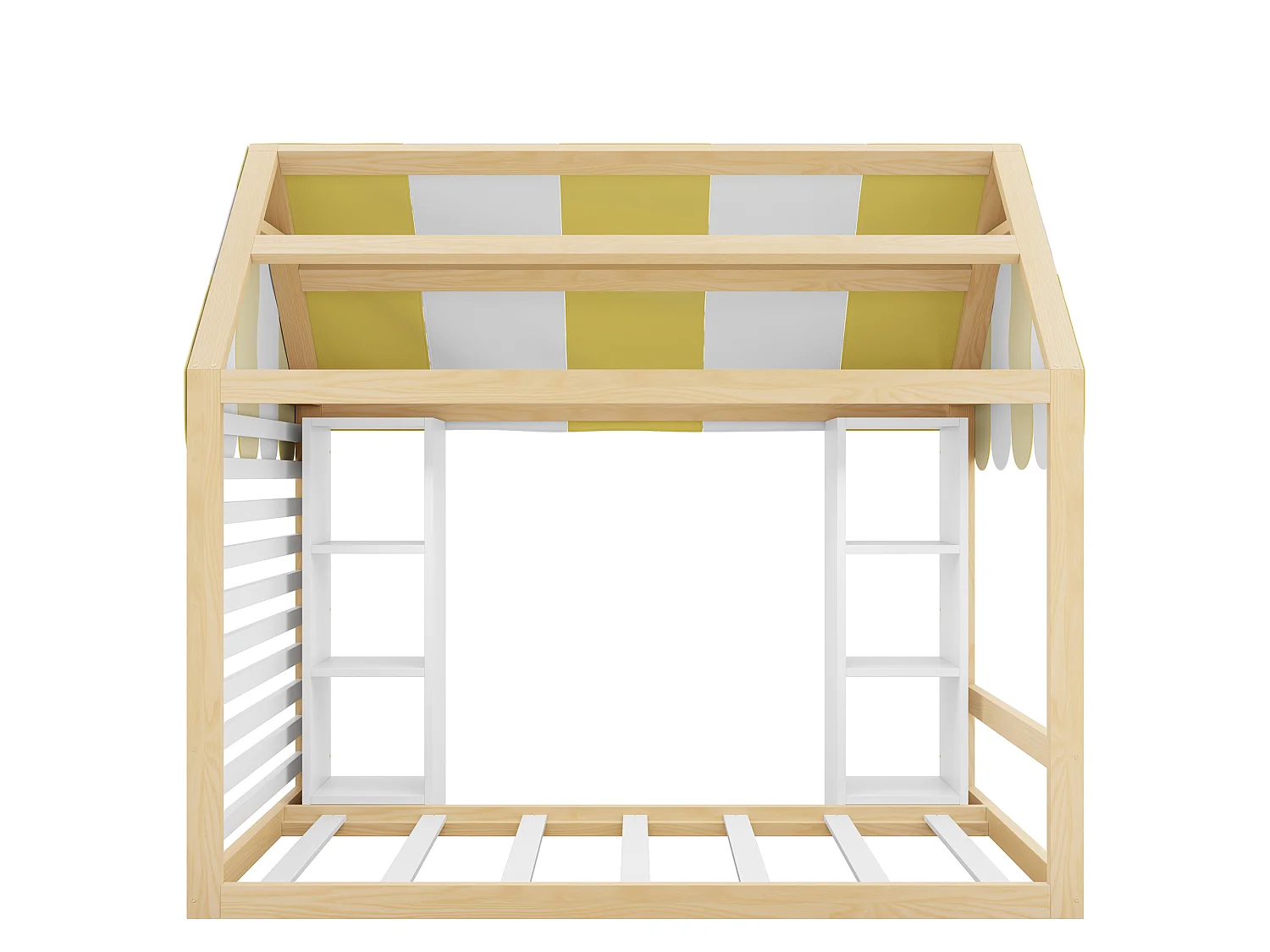 Lit cabane enfant 90 x 200 cm avec étagères ouverts et toit - Métal + MDF - Naturel + blanc (Sans matelas)