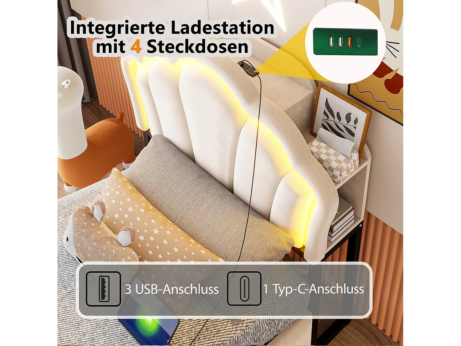 Lit coffre 90 x 200  cm avec rangement hydraulique, LED et niches de rangement - Velours + MDF - Beige (Sans matelas)
