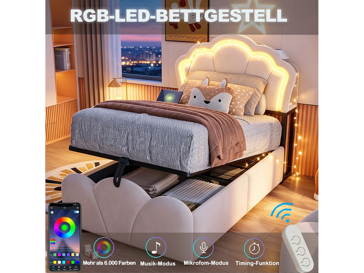 Lit coffre 90 x 200  cm avec rangement hydraulique, LED et niches de rangement - Velours + MDF - Beige (Sans matelas)