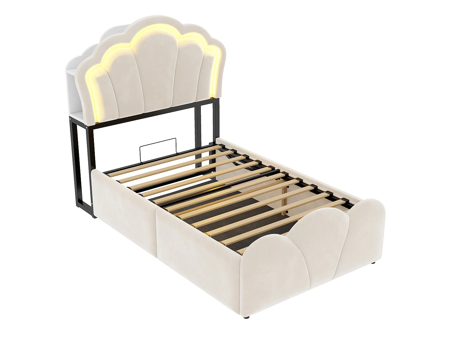 Lit coffre 90 x 200  cm avec rangement hydraulique, LED et niches de rangement - Velours + MDF - Beige (Sans matelas)