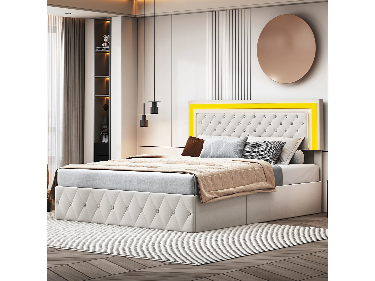 Lit coffre rembourré 140x200cm - avec lumières LED - avec sommier à lattes - tissu de Velours - beige (sans matelas)