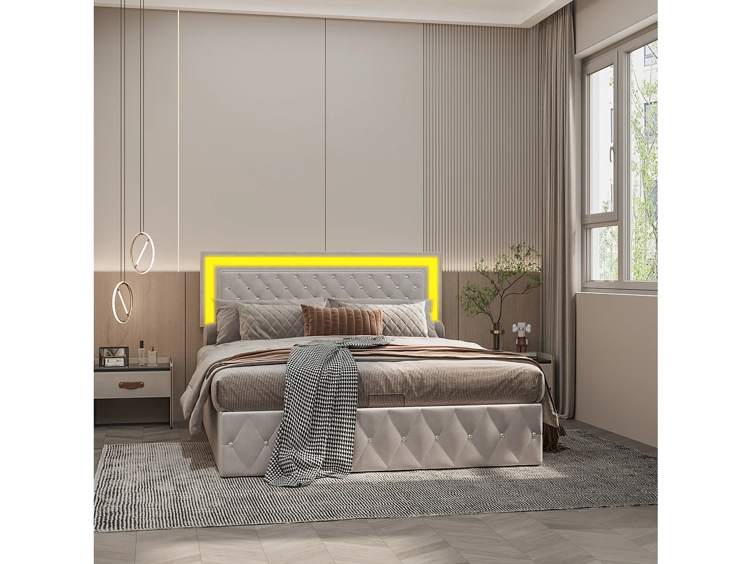 Lit coffre rembourré 140x200cm - avec lumières LED - avec sommier à lattes - tissu de Velours - beige (sans matelas)