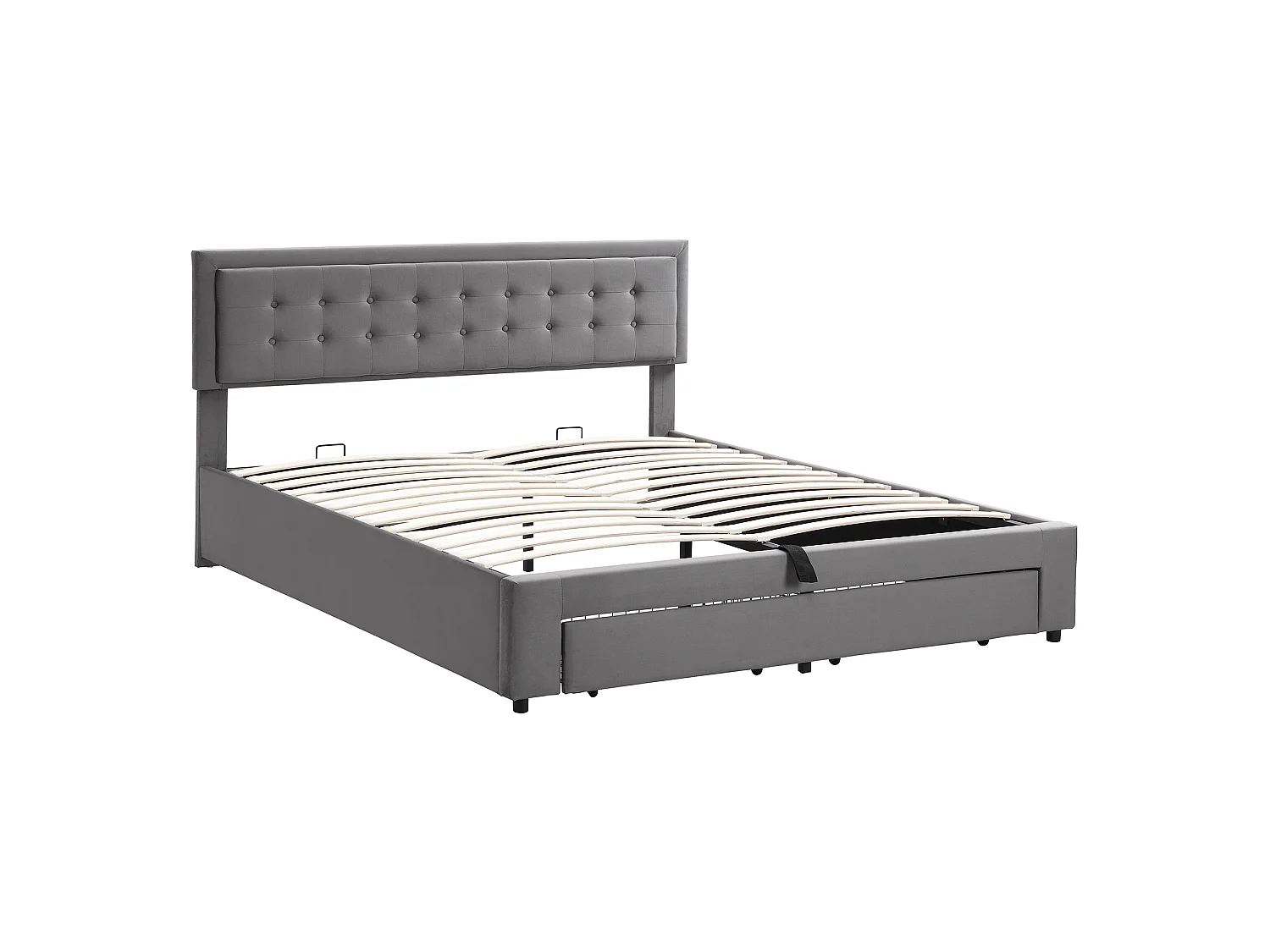 180 x 200  cm storage bed with 2 drawers, hydraulic storage, adjustable headboard - Velvet - No fabric under the bed - Grey (Mattress not included)