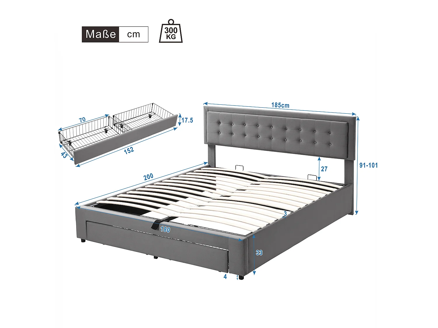 180 x 200  cm storage bed with 2 drawers, hydraulic storage, adjustable headboard - Velvet - No fabric under the bed - Grey (Mattress not included)