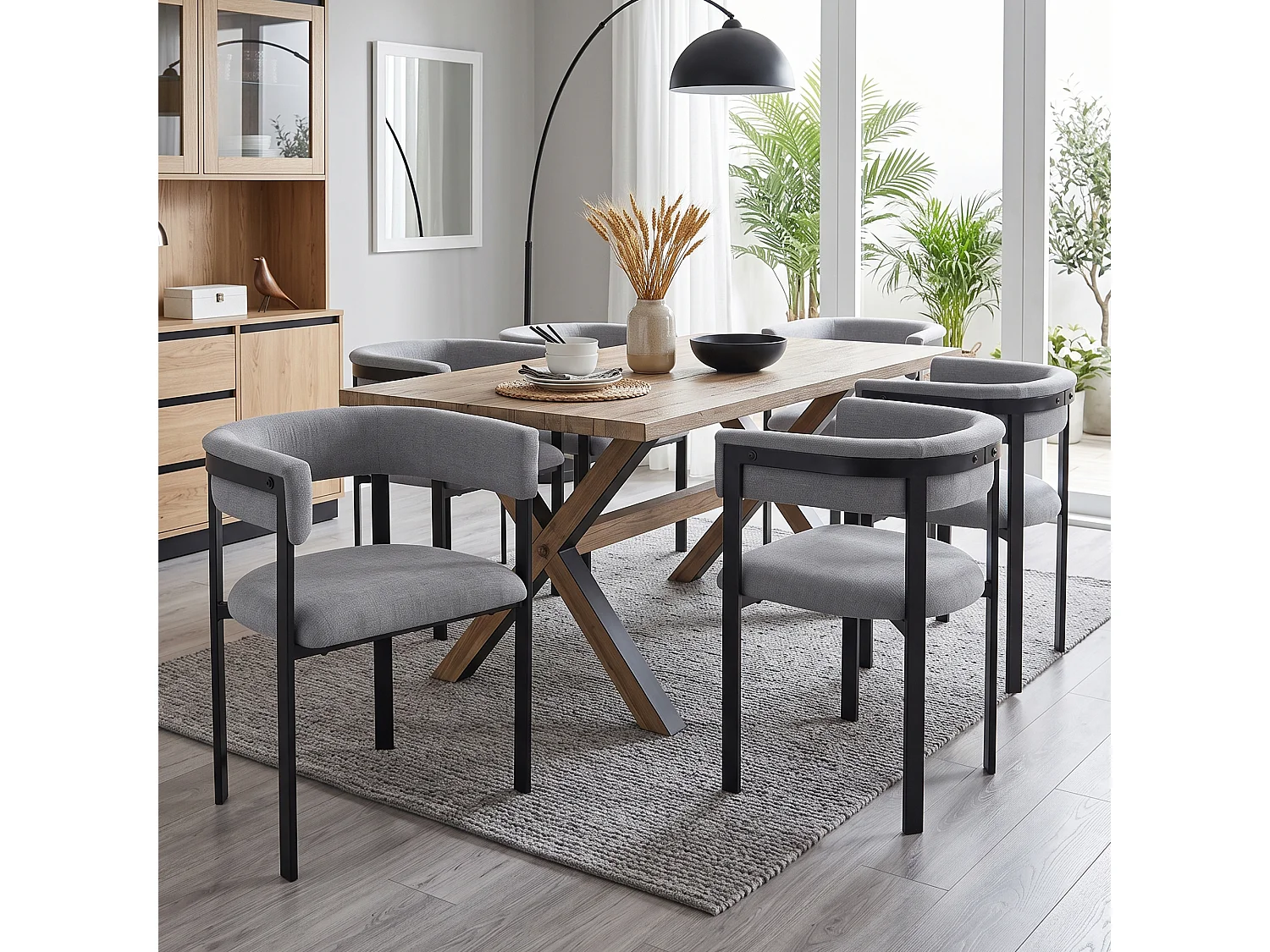 Lot de 2 chaises de salle à manger avec accoudoirs avec dossier incurvé - Chenille et métal - 61 x 50 x 76 cm - Gris