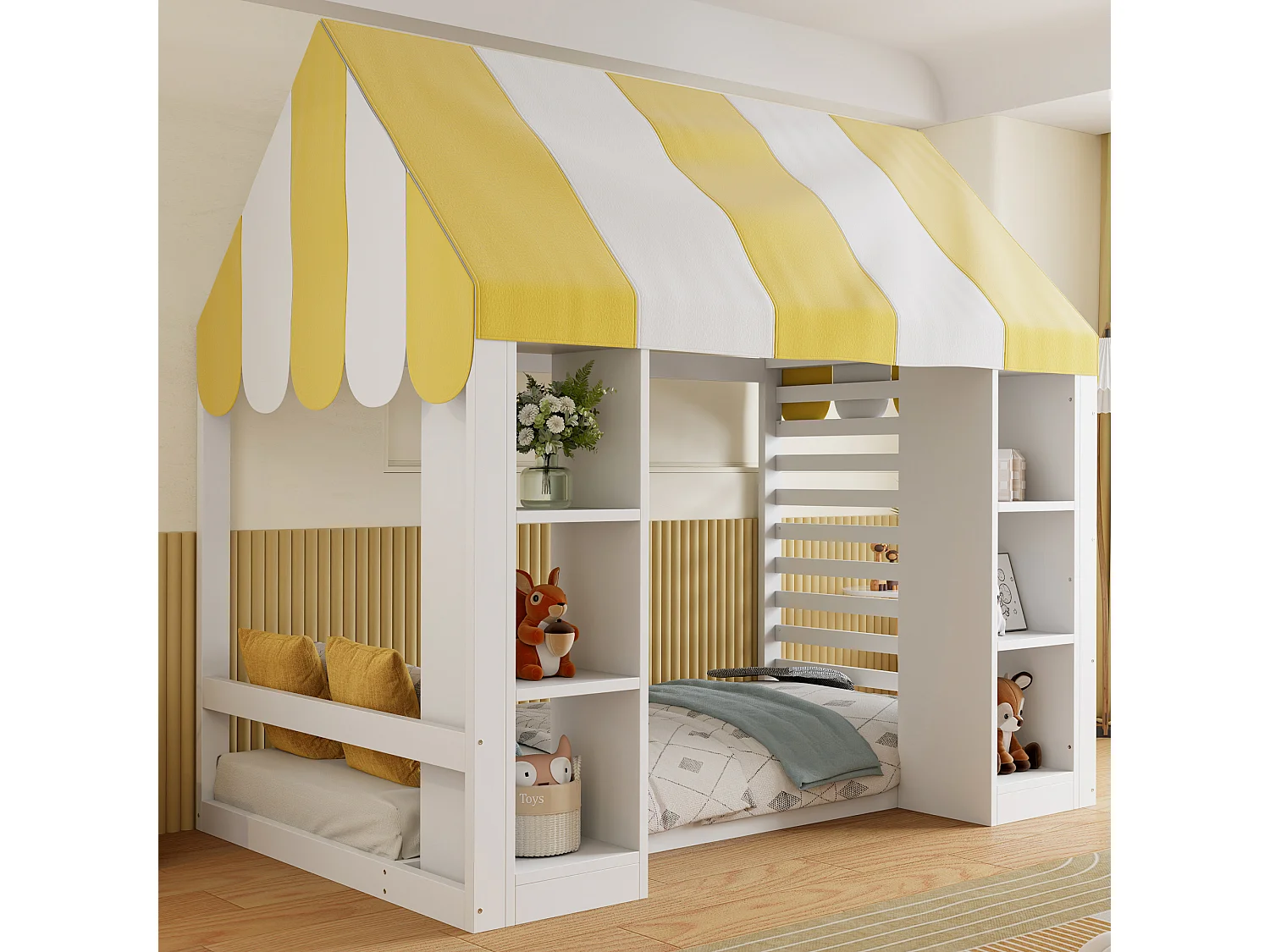 Kinder-Hochbett 90 x 200 cm mit offenen Regalen und Dach - Metall + MDF - Weiß (Matratze nicht enthalten)