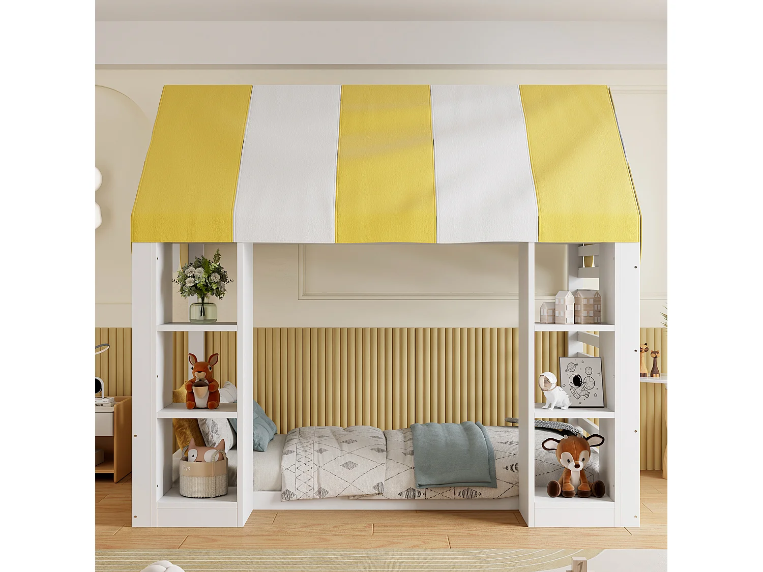 Kinder-Hochbett 90 x 200 cm mit offenen Regalen und Dach - Metall + MDF - Weiß (Matratze nicht enthalten)