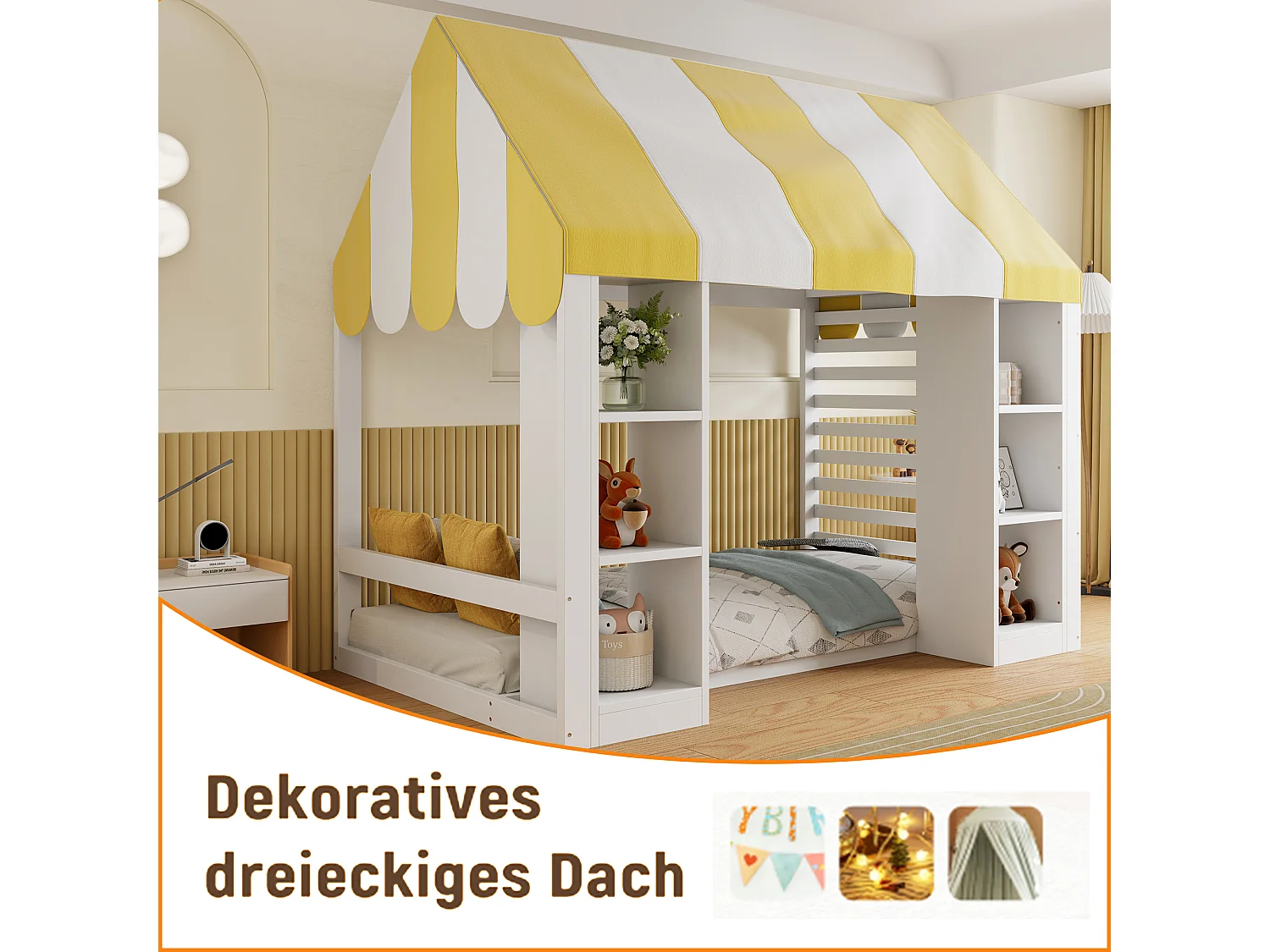 Kinder-Hochbett 90 x 200 cm mit offenen Regalen und Dach - Metall + MDF - Weiß (Matratze nicht enthalten)